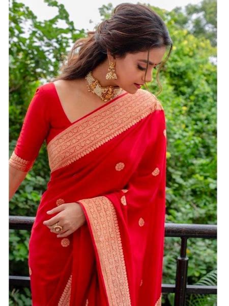 keerthy suresh south indian actress saree in red color lichi silk with