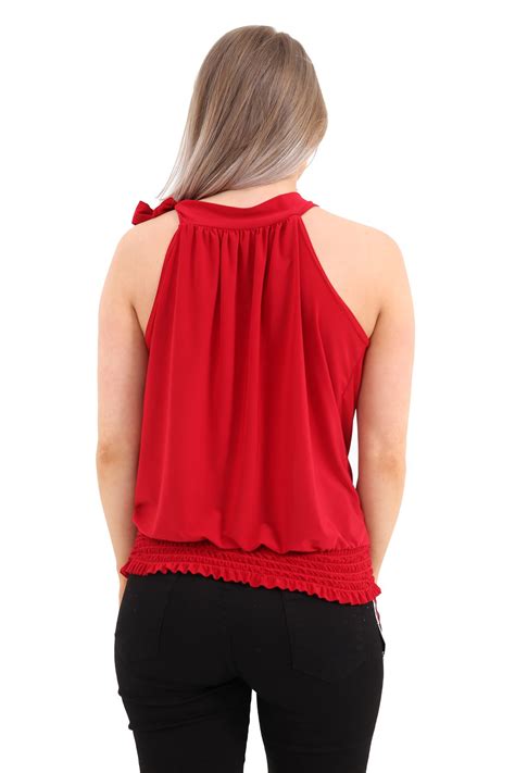 new ladies womens plain pleated sleeveless sexy top ruched halter neck