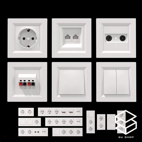 white electrical components displayed  black background  display purposes including plugs
