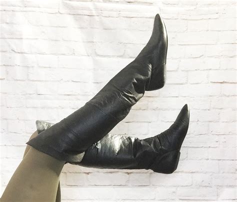 vintage 80s black pirate cuff over the knee flat boots leather 7