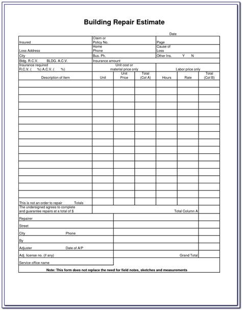 auto body repair estimate template forms