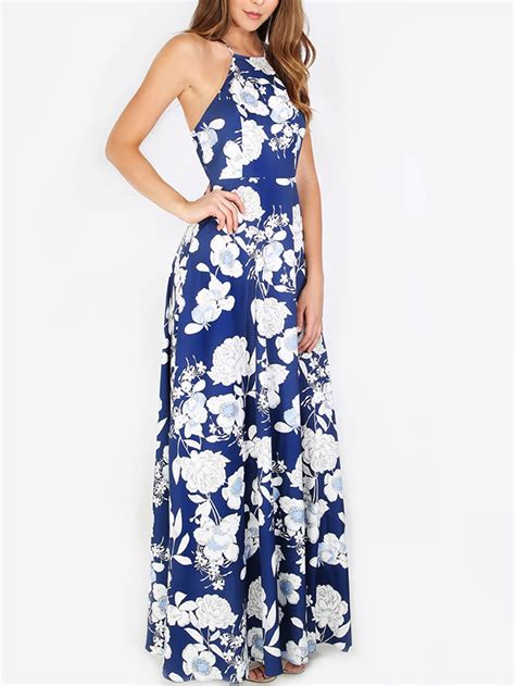 Halterneck Floral Print Maxi Dress Shein Sheinside