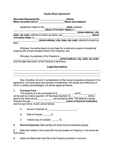 Fill Edit And Print Equity Share Agreement Form Online