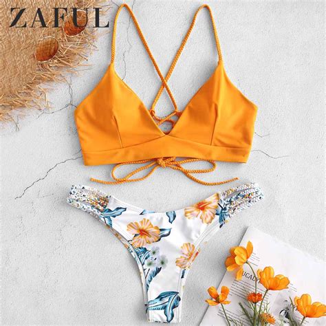 Zaful Braided Strap Flower Bikini Set Spaghetti Straps Wire Free Lace