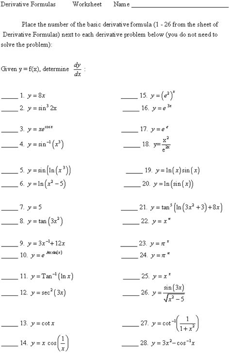 worksheet  derivative formulas