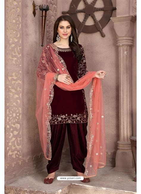 Buy Maroon Velvet Heavy Embroidered Salwar Suit Punjabi