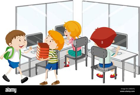 students  computer classroom elements  white background stock