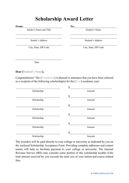 scholarship award letter template  printable  templateroller
