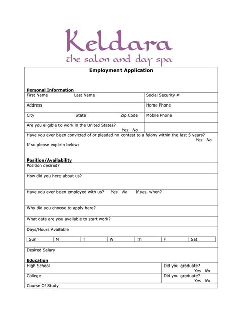 Fillable Online Employment Application Bkeldarab Salon And Spa Fax