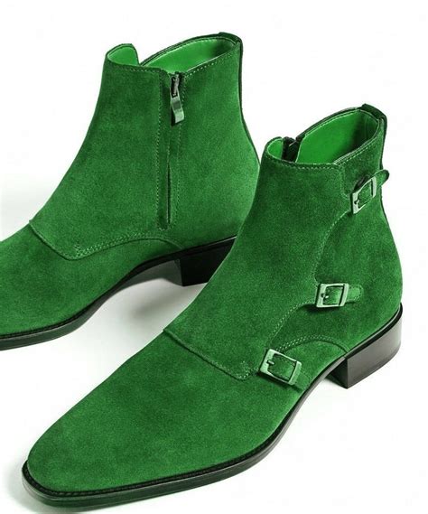 men high ankle green color triple buckle straps monk suede leather boots    dressformal
