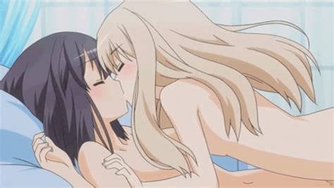 xbooru 2girls animated animated anime arm arm grab arms bare shoulders bed big breasts