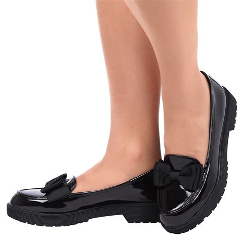 womens girls school shoes chunky bow loafersl slip  ladies kids pumps size  ebay