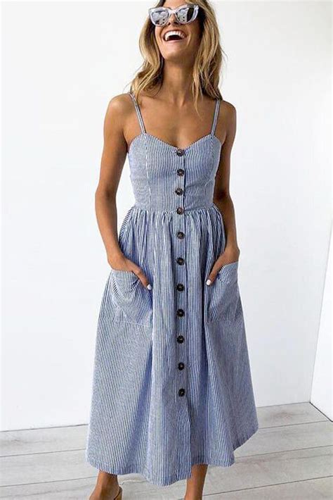 Blue Stripe Spaghetti Straps Pocket Button Casual Dress Boho Summer