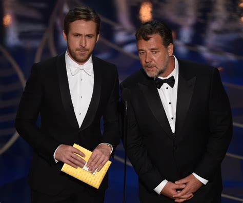 ryan gosling and russell crowe presenting at the oscars 2016 popsugar