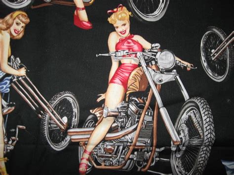 Sexy Motorcycle Pinup Girl Biker Fabric By The Yard Out Of Print Rare 2003