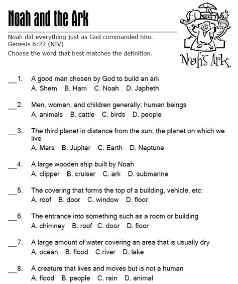 noah   ark multiple choice quiz sunday school activity sheets