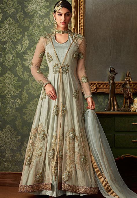 grey shade silk net long embroidered jacket style anarkali suit