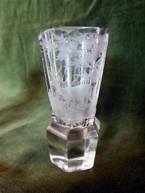 Pair Early Etched Crystal Shot Glasses Bohemian Moser From