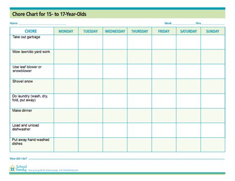 printable chore charts  tweens printable templates
