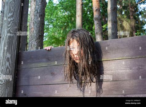 The Head Of A Girl With Long Disheveled Hair Clamped In A Guillotine A