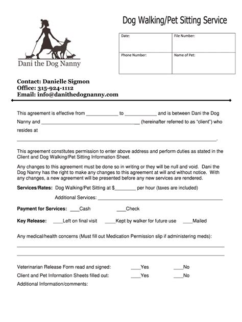 pet sitting contracts  forms fill  printable fillable