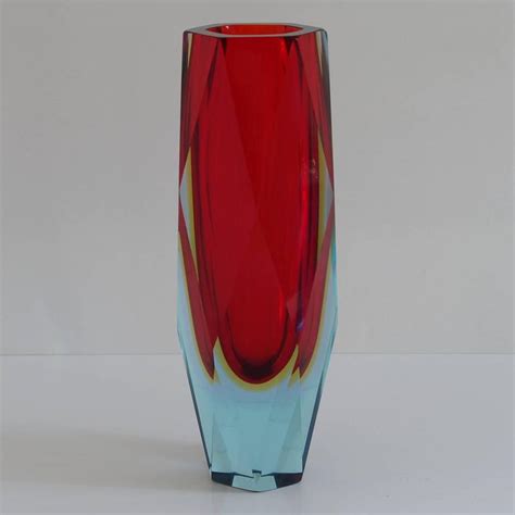 Italian Murano Glass Red Sommerso Faceted Vase By