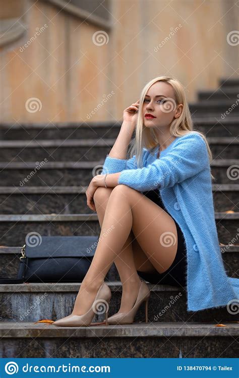 Girl With Perfect Legs Posing In The Autumn Park Stock
