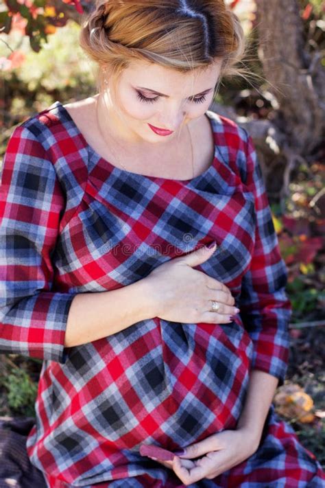 Pregnant Girl Is Wearing Checkered Dress In Park Stock Image Image Of