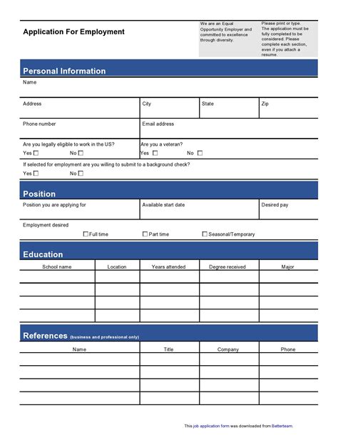 printable blank employment application form printable templates