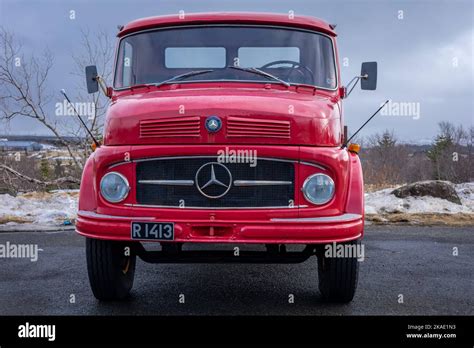 reykjavik iceland march     red vintage mercedes truck