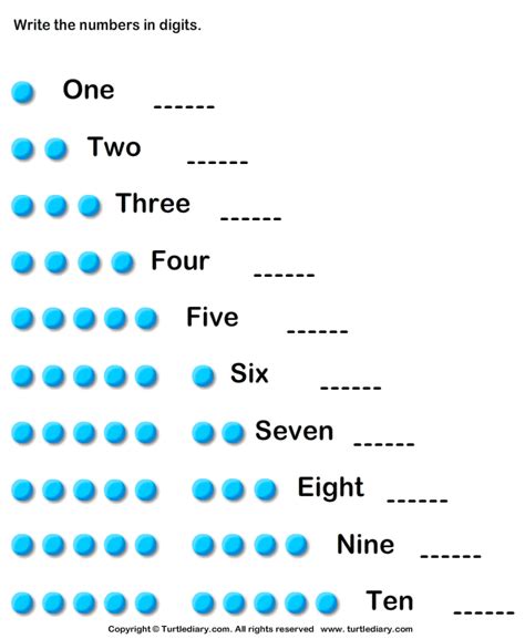 number names up to ten worksheet turtle diary