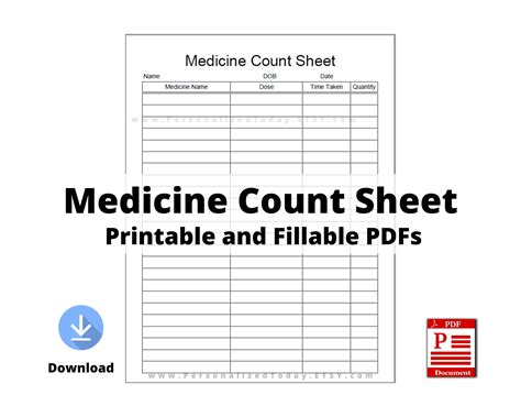 printable medicine count sheet print  write  fillable etsy