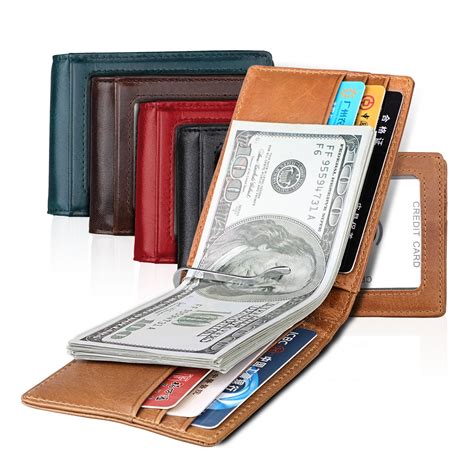 rfid genuine leather money clip metal wallet men thin billfold folded