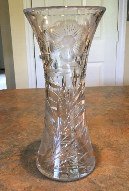 Vintage 12 Crystal Cut Glass Vase With Etched Flowers Very Heavy And