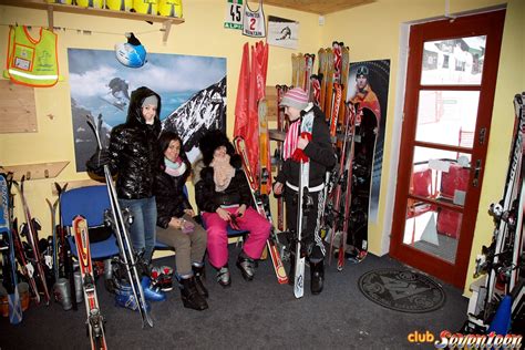 cute insane teens skiing with their mambos stringing up