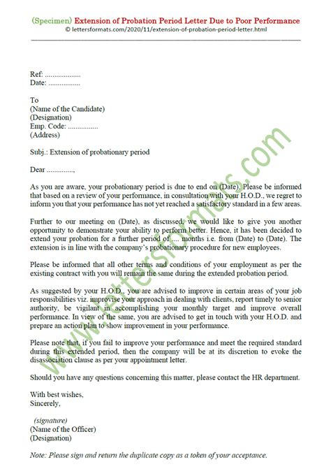 extension  probation period letter due  poor performance