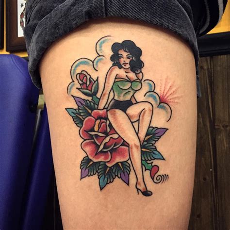 hot rod pin up girl tattoo on leg