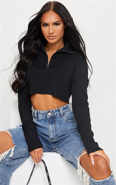 black cropped knitted zip up jumper prettylittlething usa