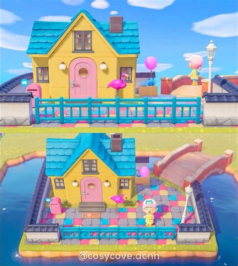 acnh pink yellow blue house exterior   animal crossing funny