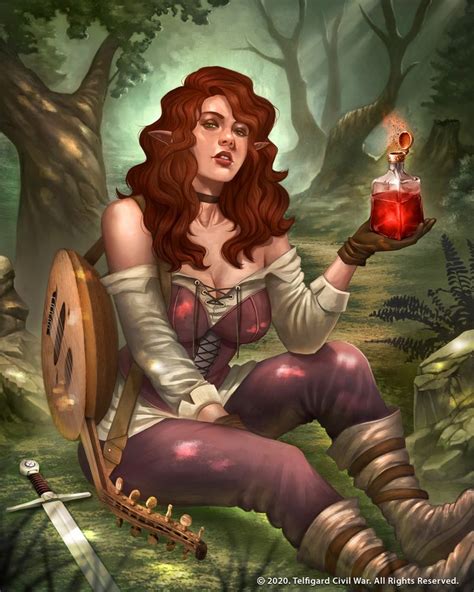 Beauty Female Redhead Half Elf Bard In The Jungle By Deryl Arrazaq