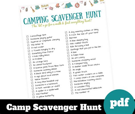 camping scavenger hunt printable  kids