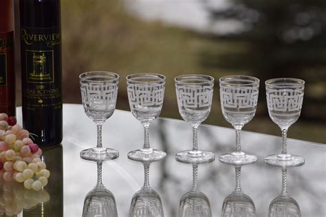 Vintage Etched Crystal Wine ~ Liqueur Cordials Set Of 5 1950 S After