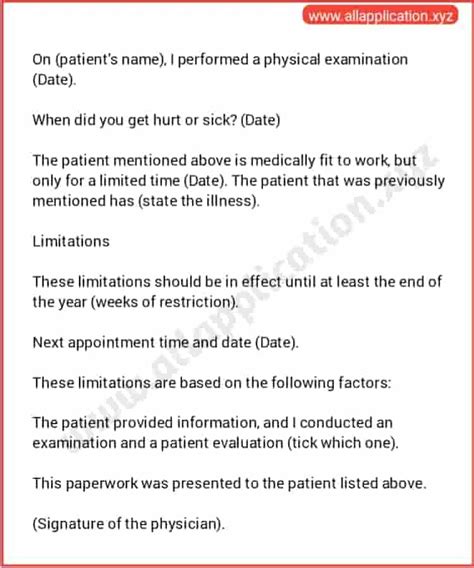 work restriction letter  doctor sample  guide