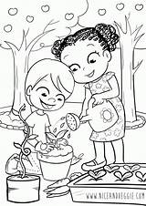 Coloring Garden Pages Kids Gardening Sharing Children Watering Preschool Flower Color Drawing Clipart Printable Vegetable Adults Little Nature Girl Para sketch template