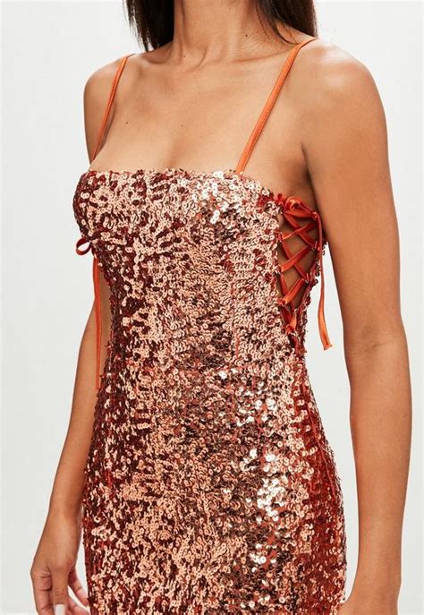 orange sequin lace up midi dress missguided