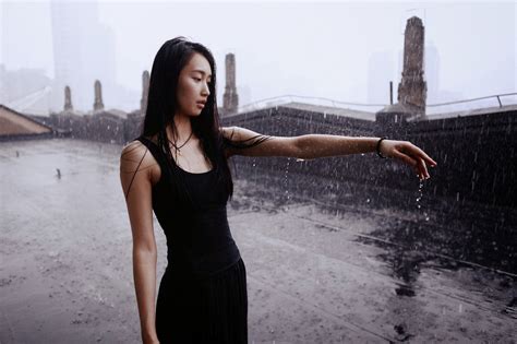 women asian brunette model women outdoors wet wet hair rain wallpapers hd desktop and