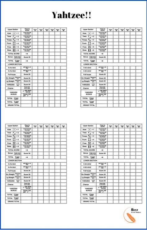 printable yahtzee score cardssheet