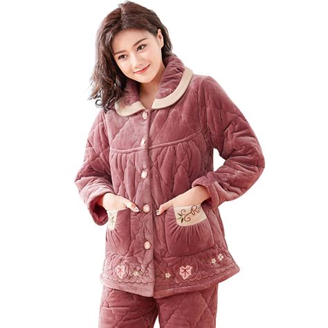 winter thick coral fleece quilted women pajamas sets of sleep tops and bottoms female flannel warm