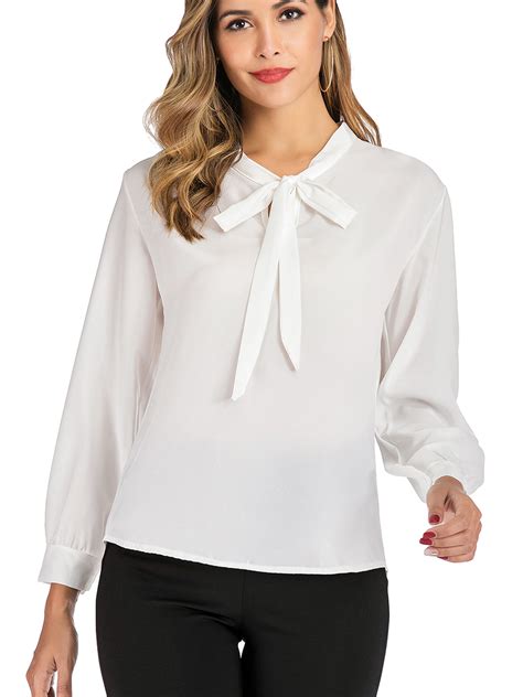 high quality goods women lady lace chiffon tops blouse  neck tie long sleeve  shirt  size