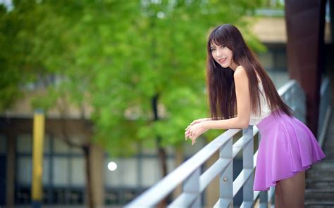 wallpaper asian model women long hair dark hair depth of field